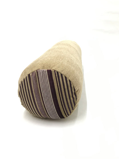 Round yoga bolster in plush brown fabric with matching purple and brown stripe fabric. Allergy conscious fill with removeable cover. Made in Canada by My Yoga Room Elements