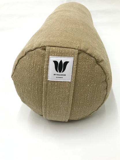 Round yoga bolster in plush brown fabric with matching purple and brown stripe fabric. Allergy conscious fill with removeable cover. Made in Canada by My Yoga Room Elements