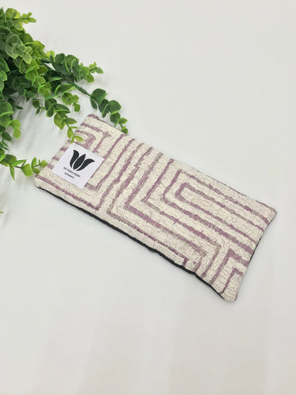 oga eye pillow, unscented, therapeutically weighted to soothe eye strain and stress or enhance your savasana. Handcrafted in Canada by My Yoga Room Elements. Purple and pearl modern print and bamboo fabric.