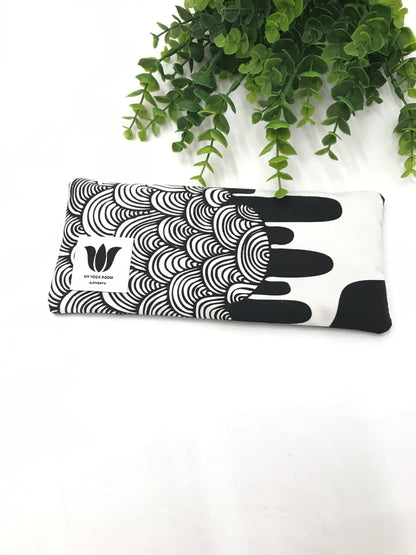 Yoga pillow, unscented, therapeutically weighted to soothe eye strain and stress or enhance your savasana. Handcrafted in Canada by My Yoga Room Elements. Blue modern graphic print and bamboo fabric.