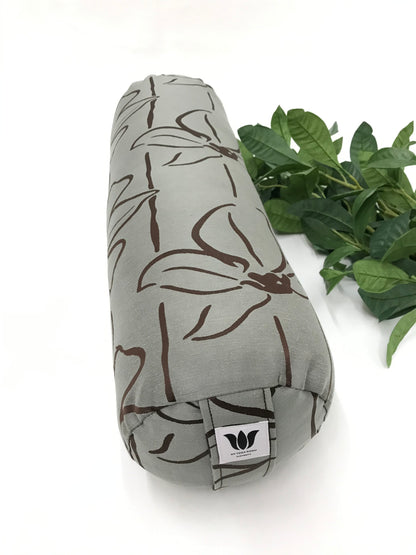 Round yoga bolster in textured linen fabric, line floral graphic in sage and brown fabric. Allergy conscious fill with removeable cover. Made in Canada by My Yoga Room Elements