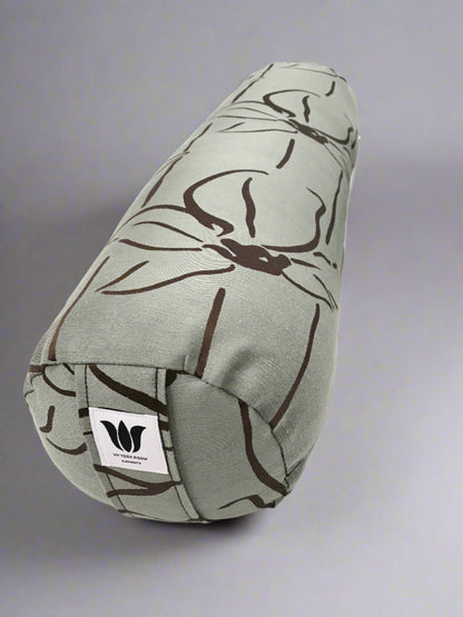 Round yoga bolster in textured linen fabric, line floral graphic in sage and brown fabric. Allergy conscious fill with removeable cover. Made in Canada by My Yoga Room Elements