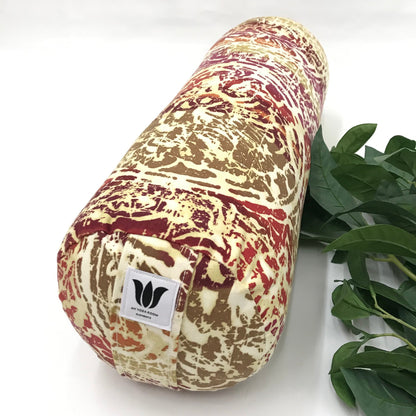 Round yoga bolster in durable cotton canvas, pink, yellow, orange, beige mottled print fabric. Allergy conscious fill with removeable cover. Made in Canada by My Yoga Room Elements