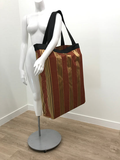 Extra Large Yoga Tote Bag in brown and gold stripe fabric to carry and or store yoga props for yoga practice. Made in Canada by My Yoga Room Elements