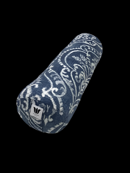 round yoga bolster, made in canada white and blue print with carry handle