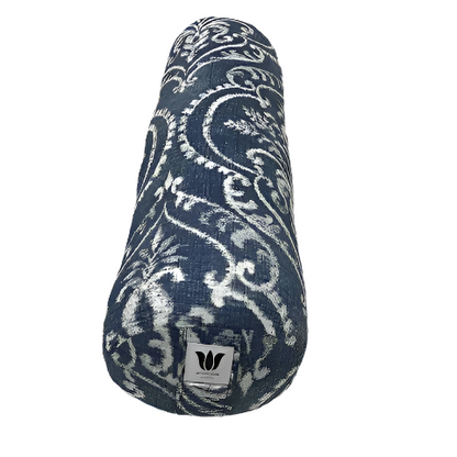 Round yoga bolster in white and blue print cotton fabric, full zipper for removal