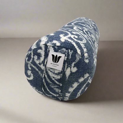 Round Yoga Bolster, removeable cover made in canada white and blue cotton canvas print