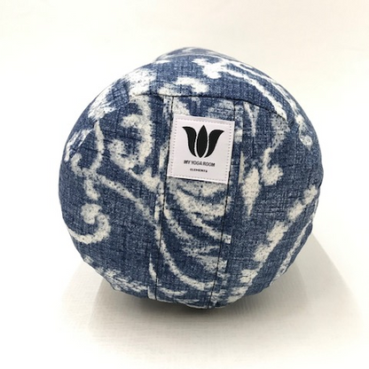 Round yoga bolster, made in canada, wedgewood blue with white print