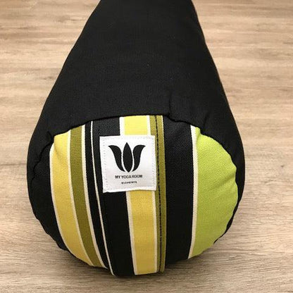 Round Yoga Bolster, Made in Canada, Black Base with Green Black Yellow stripe endcap. Full Zipper cover removal