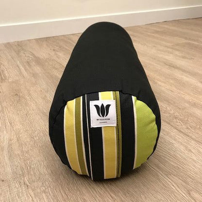 Round Yoga Bolster, Made in Canada, Black Base with Green Black Yellow stripe endcap. Full Zipper cover removal