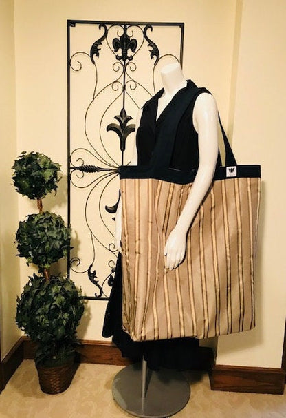 Extra Large Yoga Tote Bag in Light brown and gold stripe fabric to carry and or store yoga props for yoga practice. Made in Canada by My Yoga Room Elements