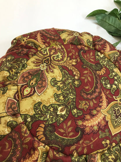 Handcrafted premium cotton canvas fabric meditation seat cushion in cranberry red, rich gold and green damask print fabric. Align the spine and body in comfort to calm the monkey mind in your meditation practice. Handcrafted in Calgary, Alberta Canada