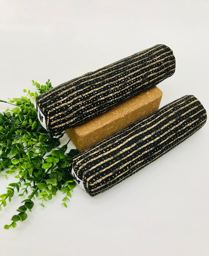 Mini yoga bolster in cotton canvas fabric, black and beige stripe fabric. Cushion and support the body in the practice of yoga and meditation.Removeable cover. Made in Canada by My Yoga Room Elements