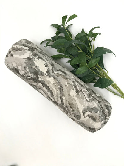 Round yoga bolster in durable cotton, grey and white marble print fabric. Allergy conscious fill with removeable cover. Made in Canada by My Yoga Room Elements