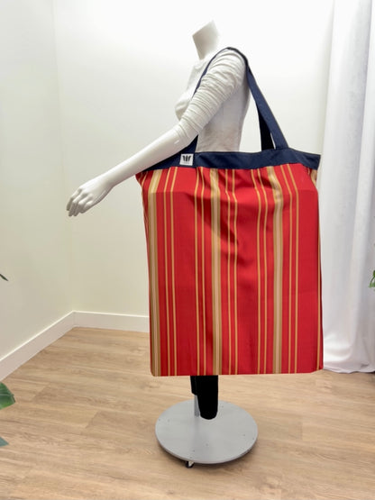 Extra large yoga mat bag to carry all your additional support props. red gold stripe print. Made in Canada by My Yoga Room Elements