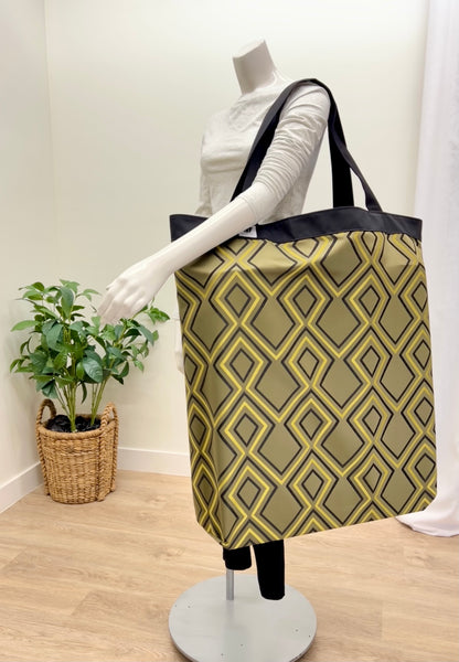 Extra large yoga mat bag to carry all your additional support props. Green gold diamond modern graphic print. Made in Canada by My Yoga Room Elements