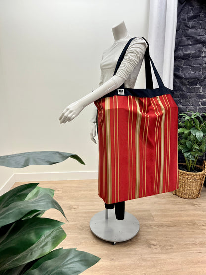 Extra large yoga mat bag to carry all your additional support props. red gold stripe print. Made in Canada by My Yoga Room Elements