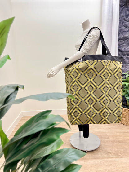 Extra large yoga mat bag to carry all your additional support props. Green gold diamond modern graphic print. Made in Canada by My Yoga Room Elements