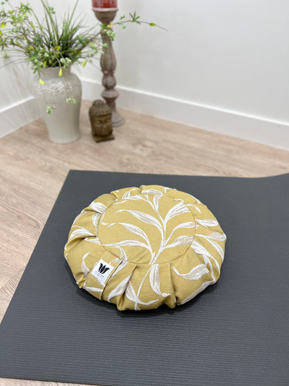 Meditation Seat Cushion Handcrafted in Yellow with an Embroidery Leaf print for yoga and meditation practice.