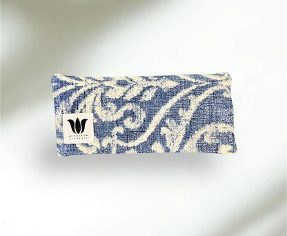 Luxury Eye Pillow in white and blue print fabric with satin backing for yoga and meditation. Made in Canada by My Yoga Room Elements