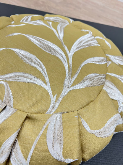 Meditation Seat Cushion Handcrafted in Yellow with an Embroidery Leaf print for yoga and meditation practice.