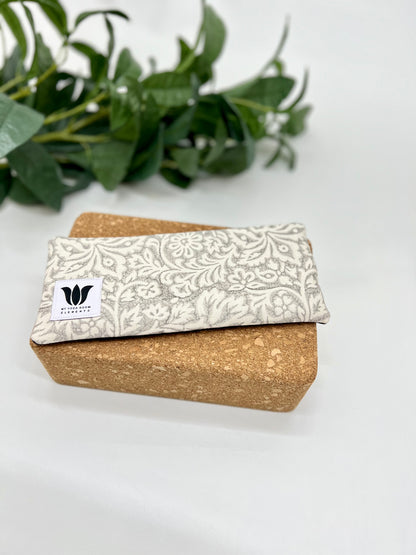 Unscented Eye Pillow in  Two Tone Grey and White Floral Print 100% cotton and organic bamboo fabric. Made in Canada by My Yoga Room Elements