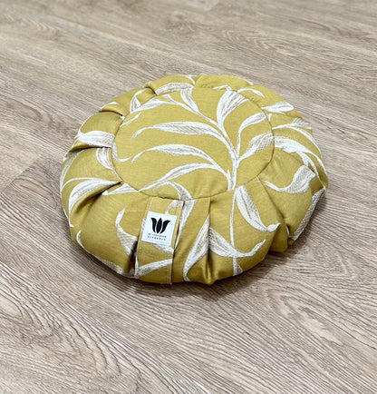 Meditation Seat Cushion Handcrafted in Yellow with an Embroidery Leaf print for yoga and meditation practice.