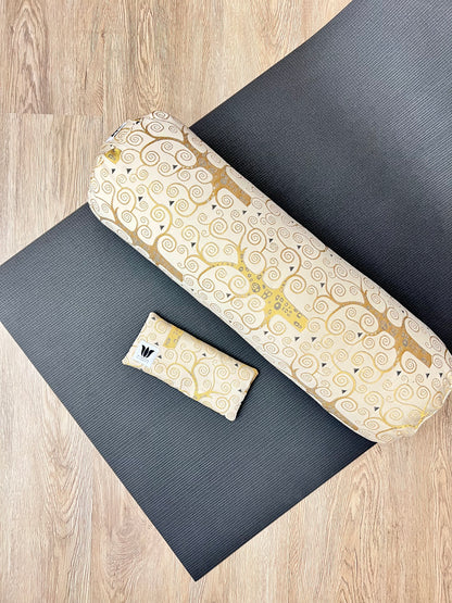 Yoga Bolster and Eye Pillow Set in Gold Swirl Modern Print Handcrafted in Canada by My Yoga Room Elements