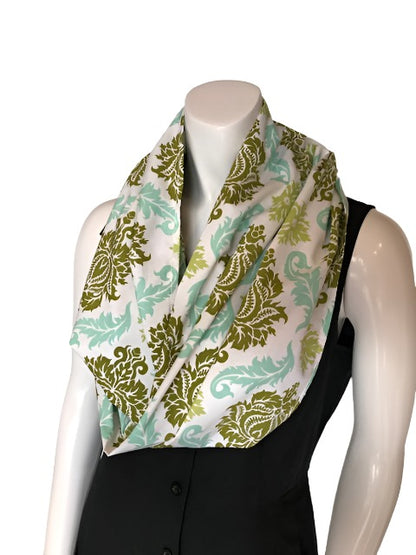 Turn your infinity scarf into a support for your meditation practice, quick snap and adjust to align the spine and sit in comfort. Created by My Yoga Room Elements and produced in Canada . Shades of Green Damask 